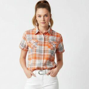 Drama Gold White Orange Gray Plaid Checks Western Short Sleeve Pearl Snap Top 2X